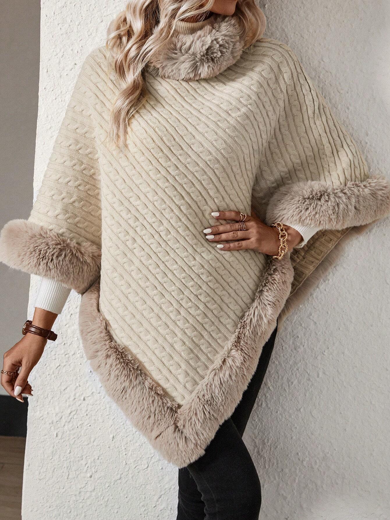 Fluffy Patchwork Poncho Sweater