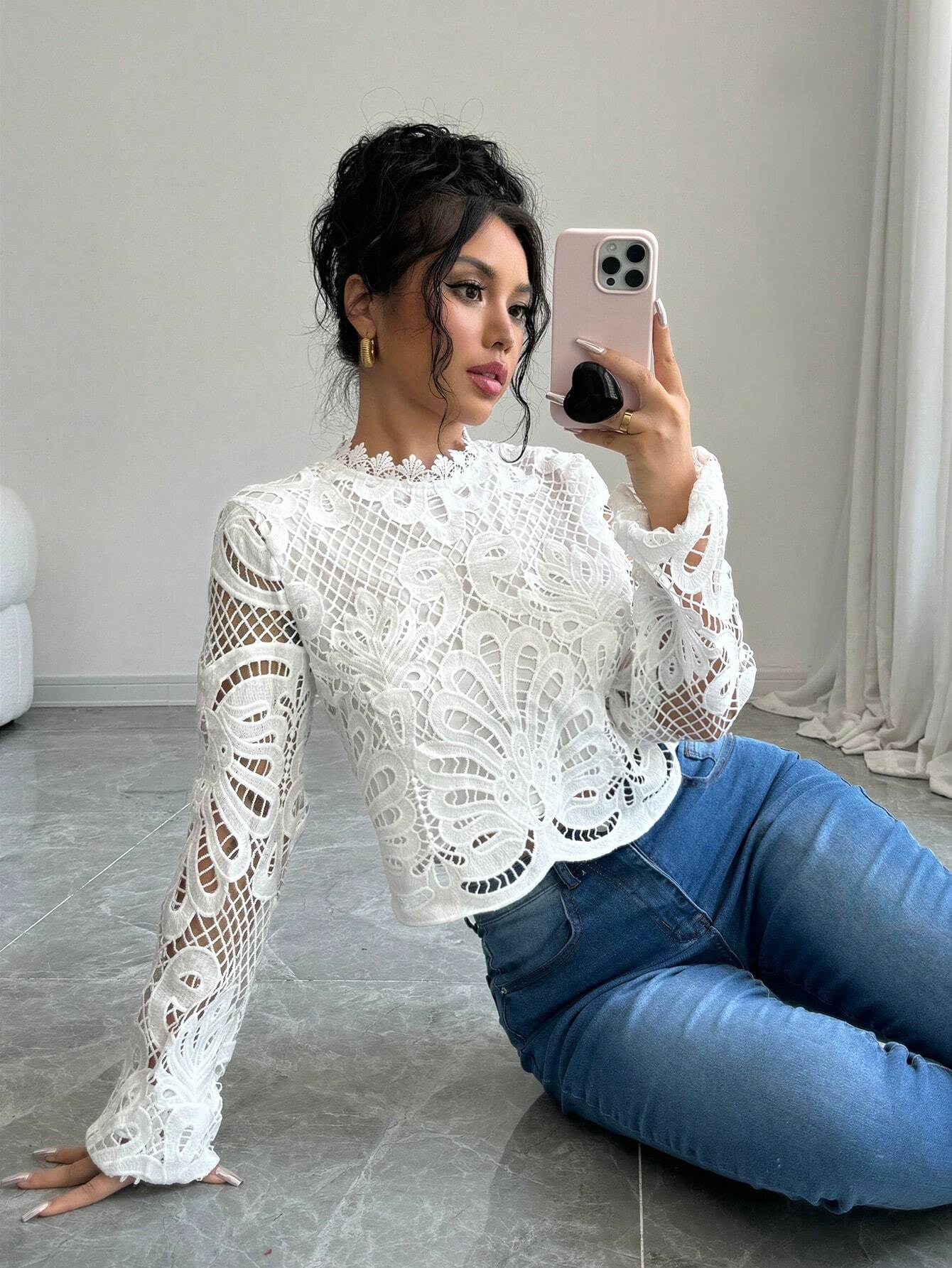 Lace Trim Long Sleeve Casual Top