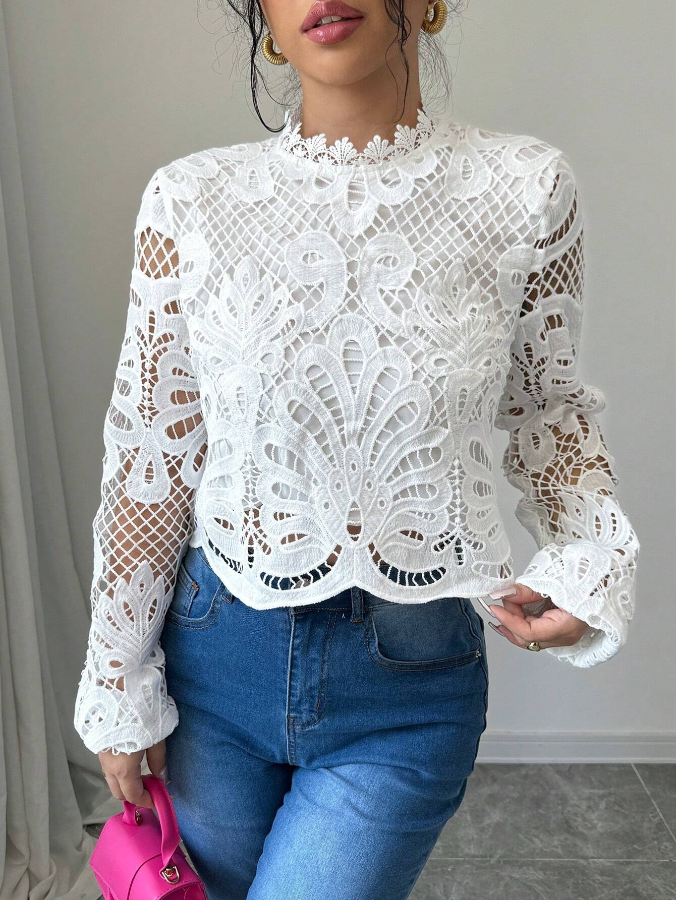 Lace Trim Long Sleeve Casual Top