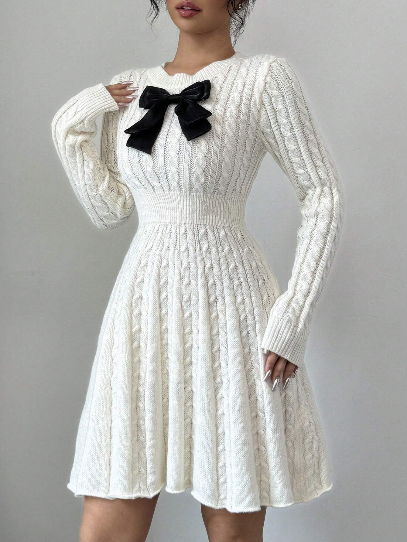 Elegant Bow-Waist Cable Knit Sweater Dress