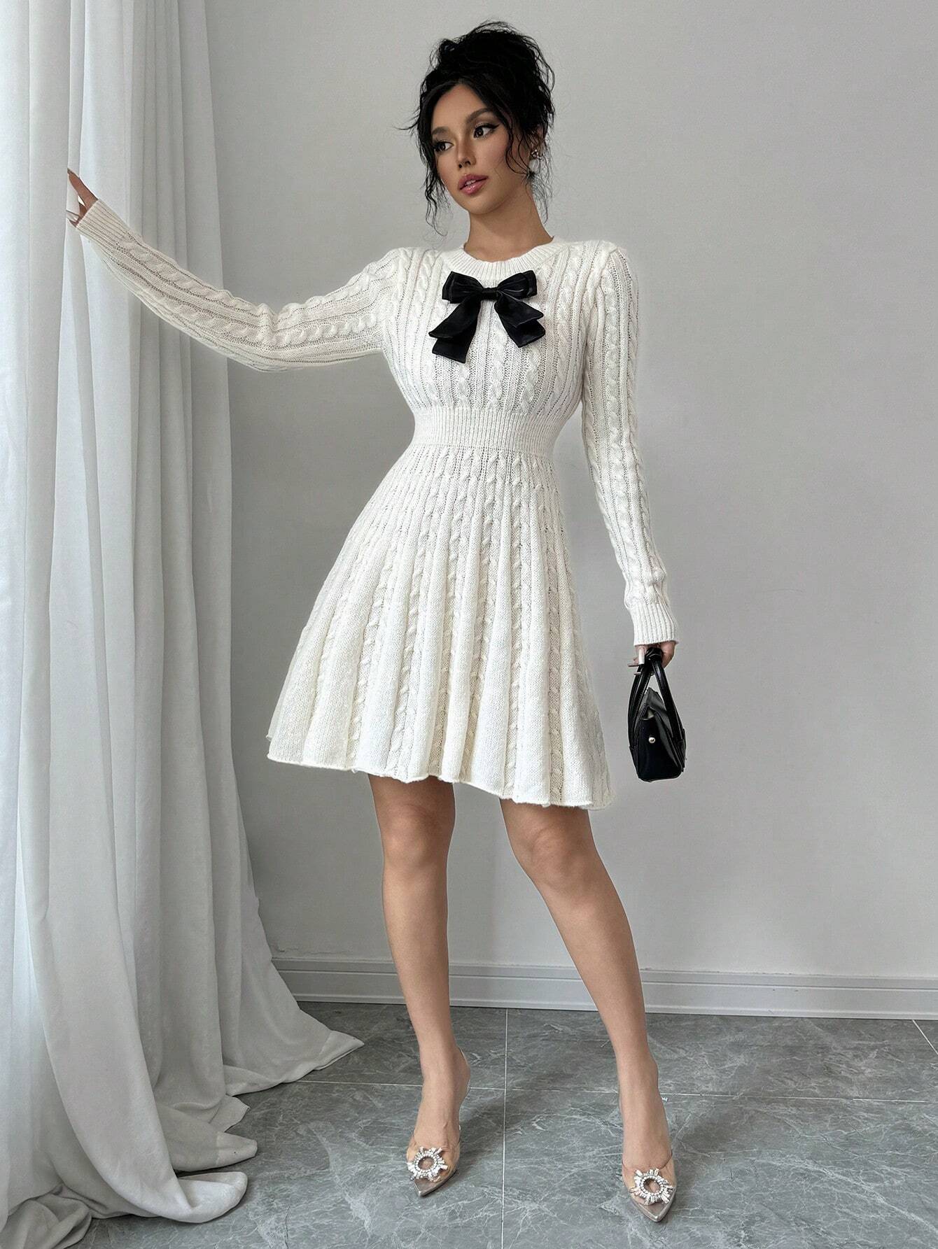 Elegant Bow-Waist Cable Knit Sweater Dress