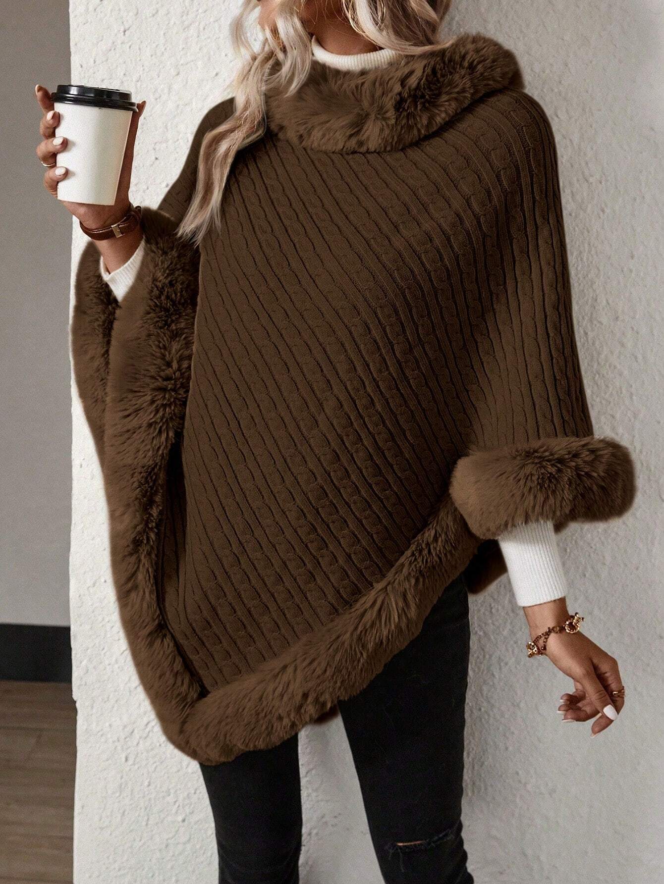 Fluffy Patchwork Poncho Sweater