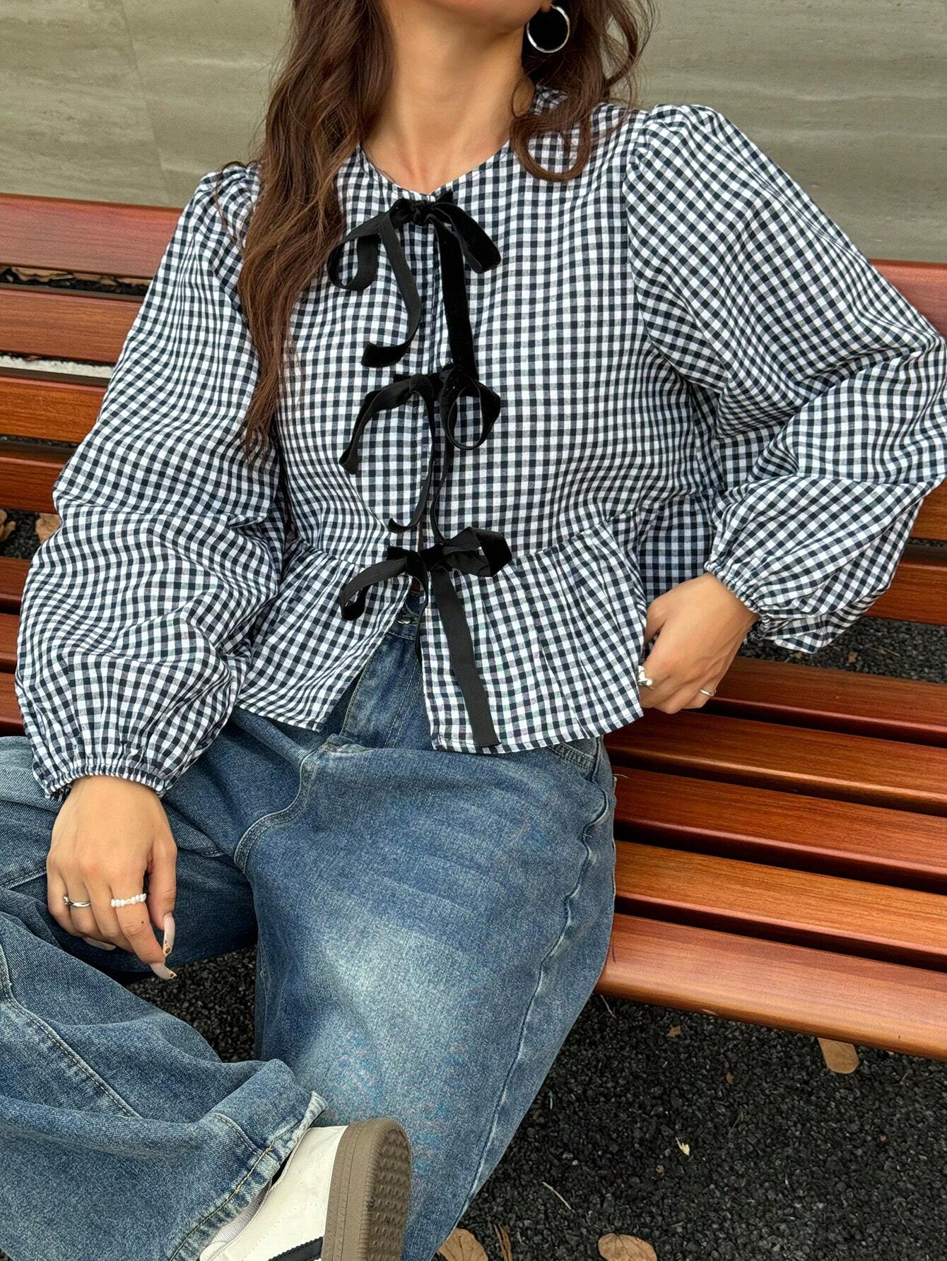 Retro Modern Plaid Velvet Blouse