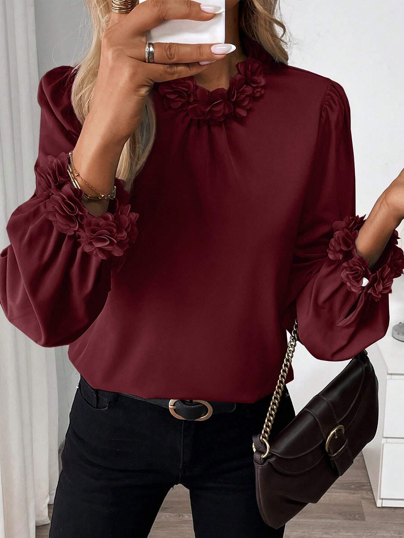 Puff Sleeve Shirt With Flower Decoration