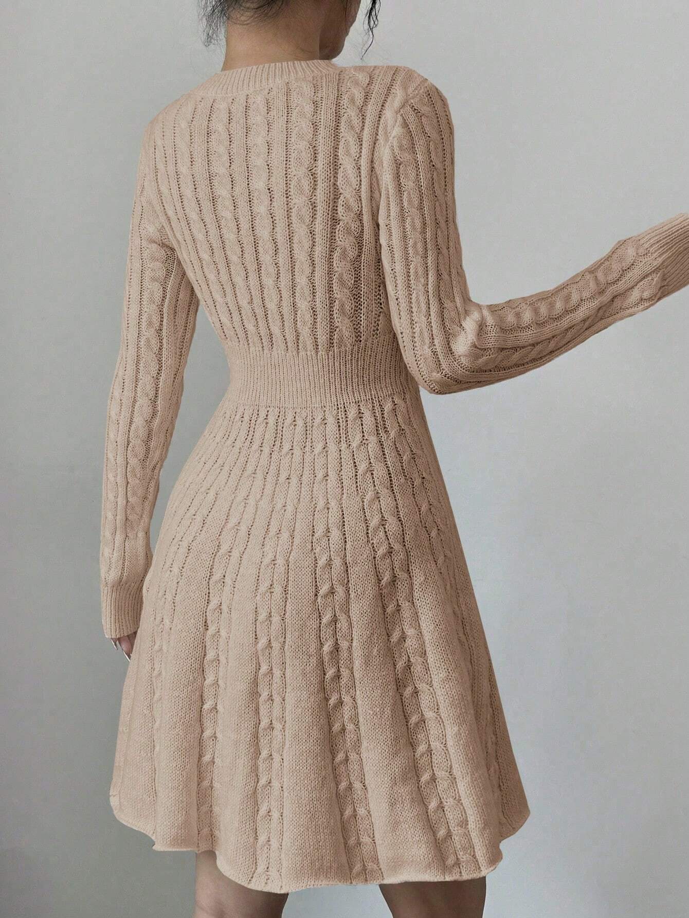 Elegant Bow-Waist Cable Knit Sweater Dress