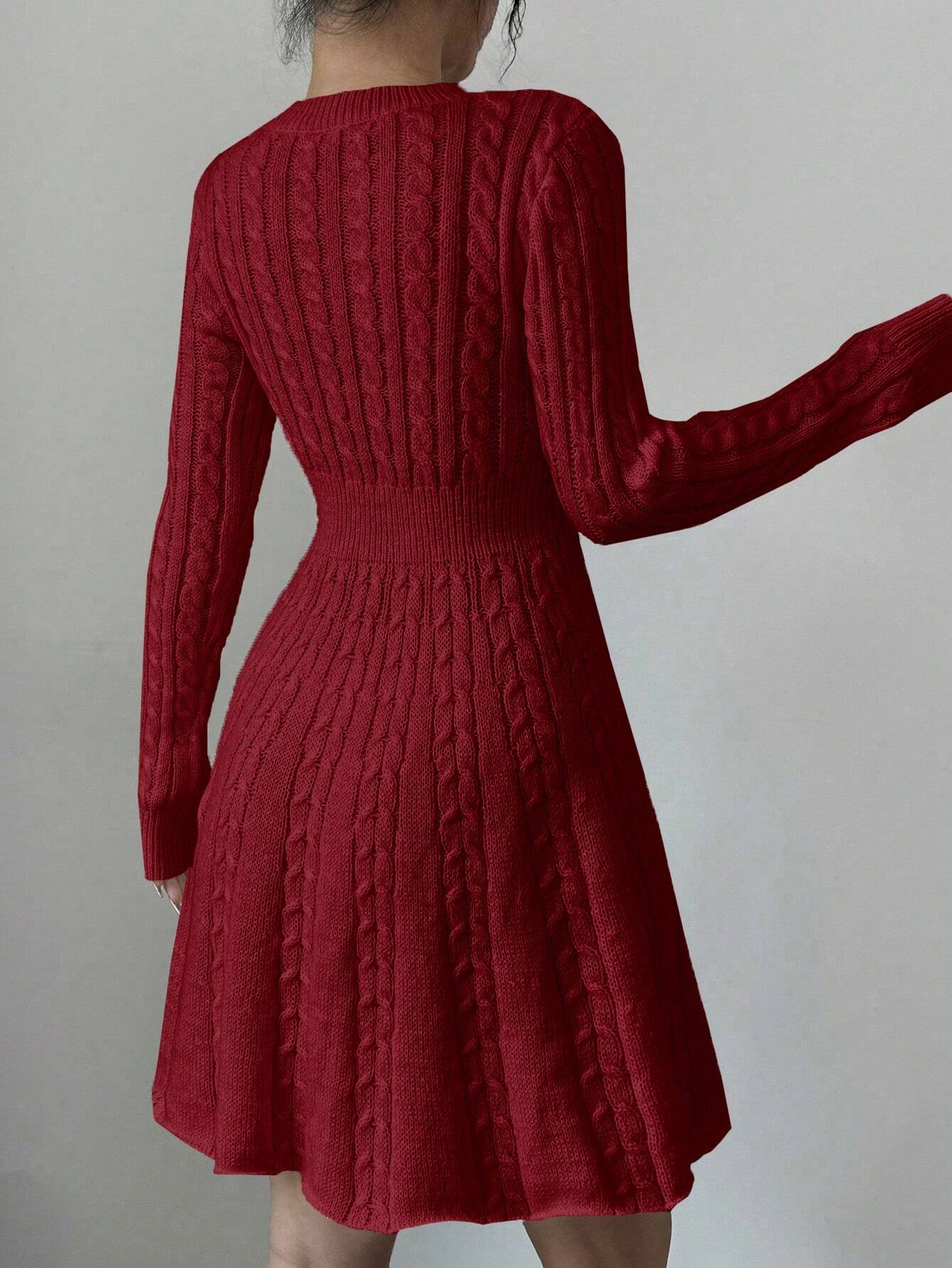 Elegant Bow-Waist Cable Knit Sweater Dress