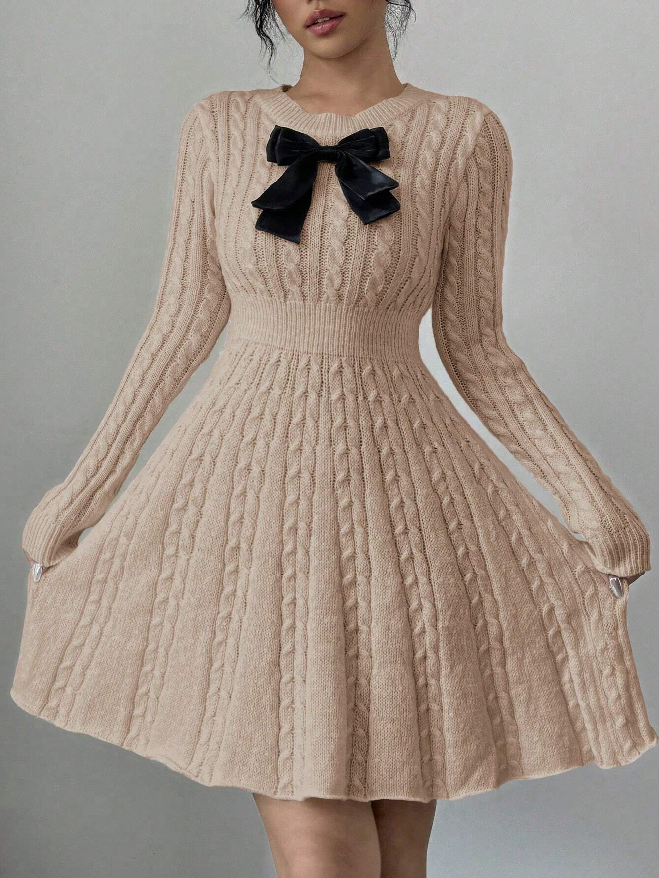 Elegant Bow-Waist Cable Knit Sweater Dress