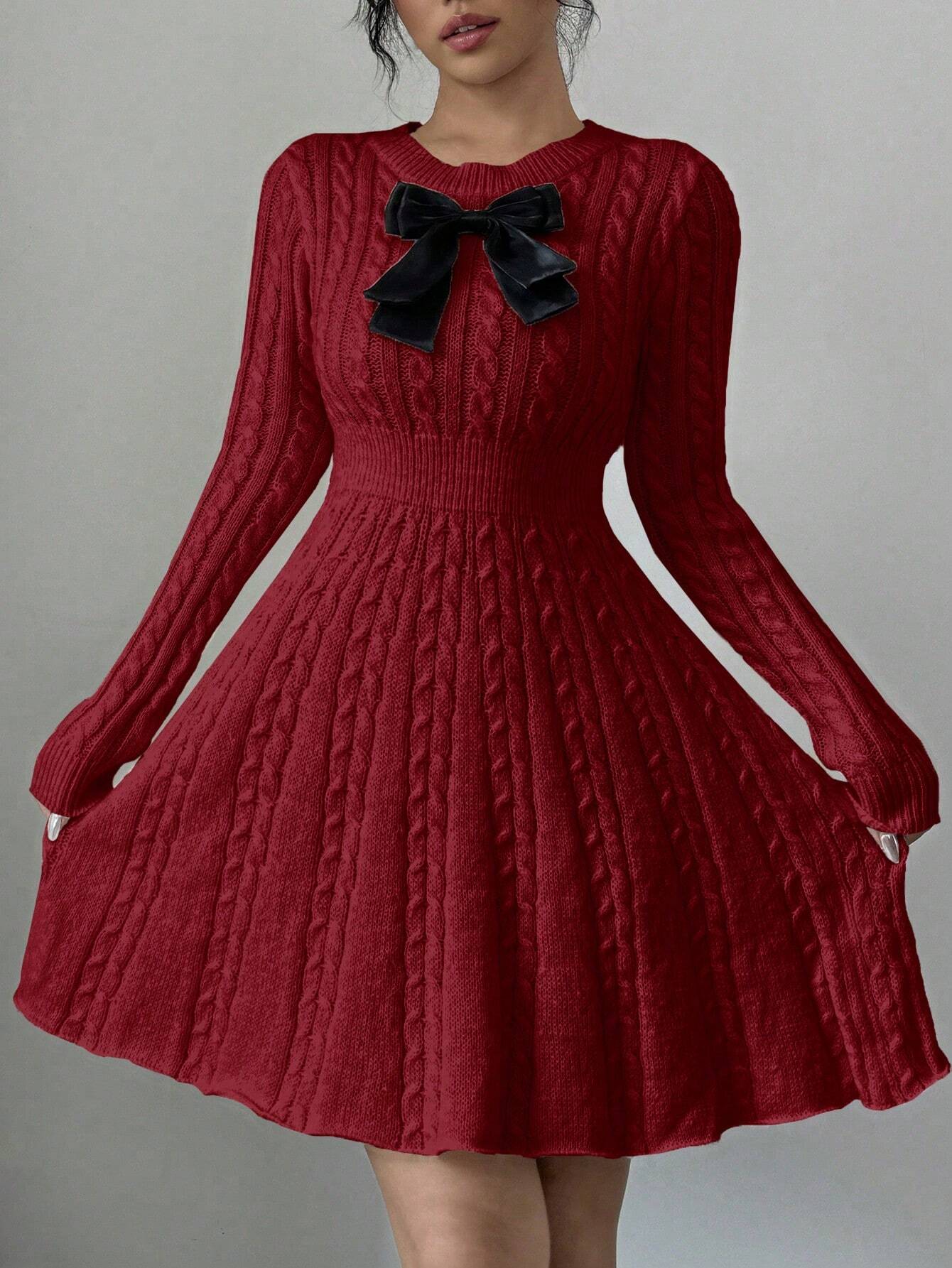 Elegant Bow-Waist Cable Knit Sweater Dress