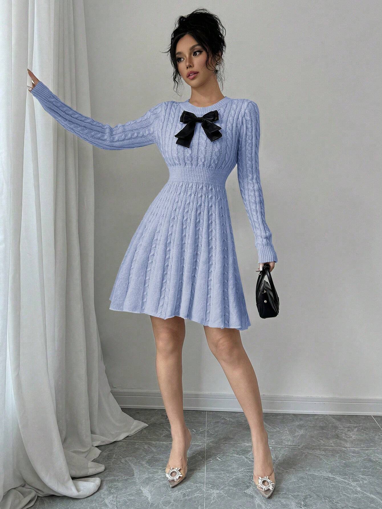 Elegant Bow-Waist Cable Knit Sweater Dress