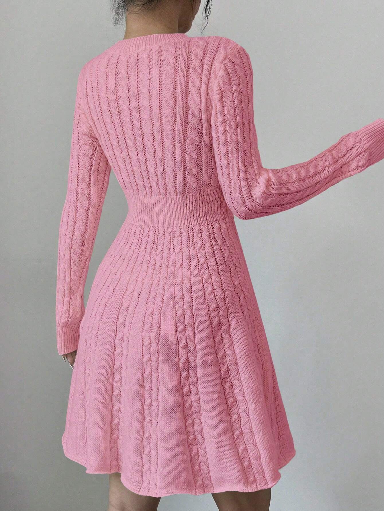 Elegant Bow-Waist Cable Knit Sweater Dress