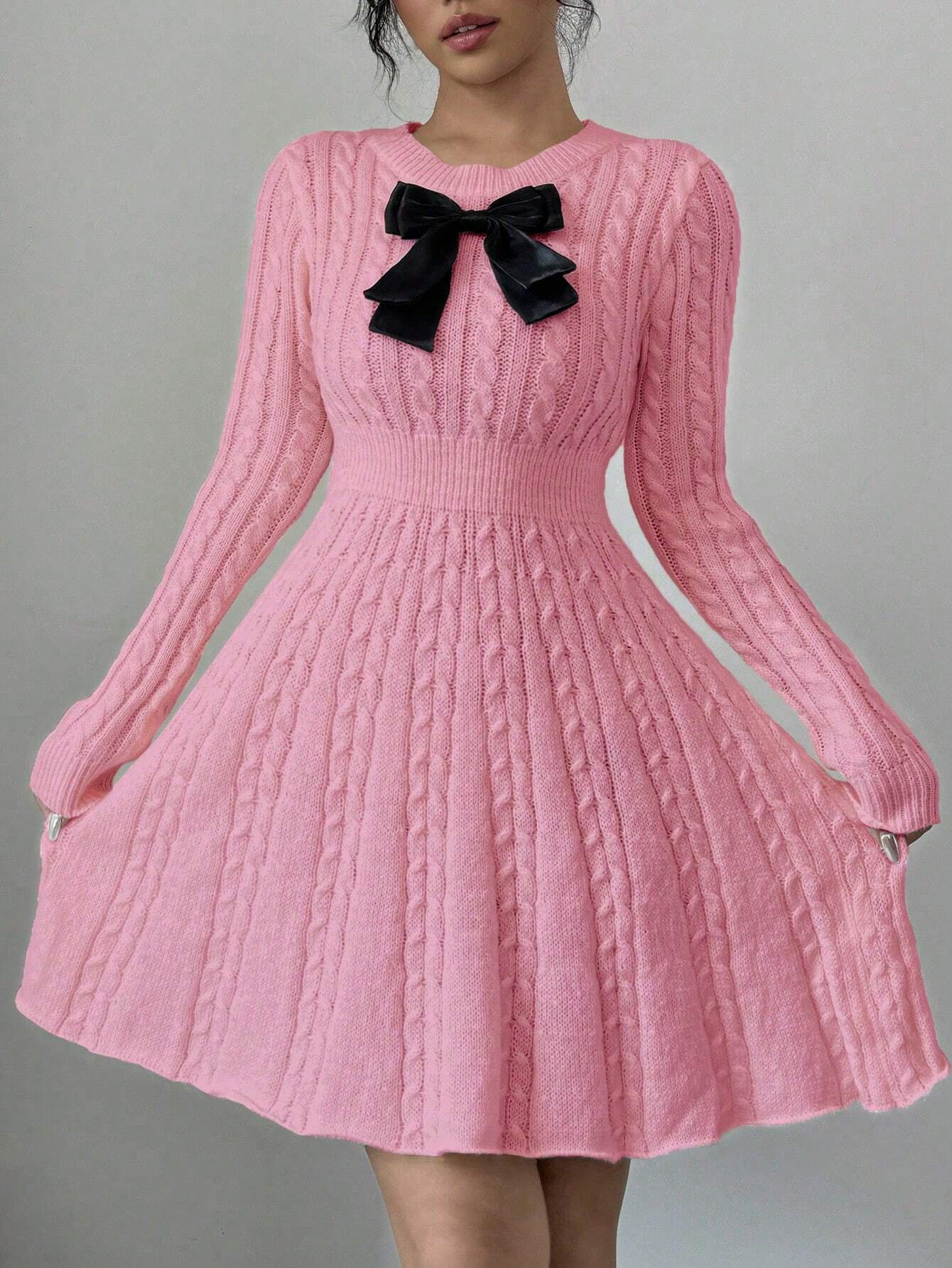 Elegant Bow-Waist Cable Knit Sweater Dress