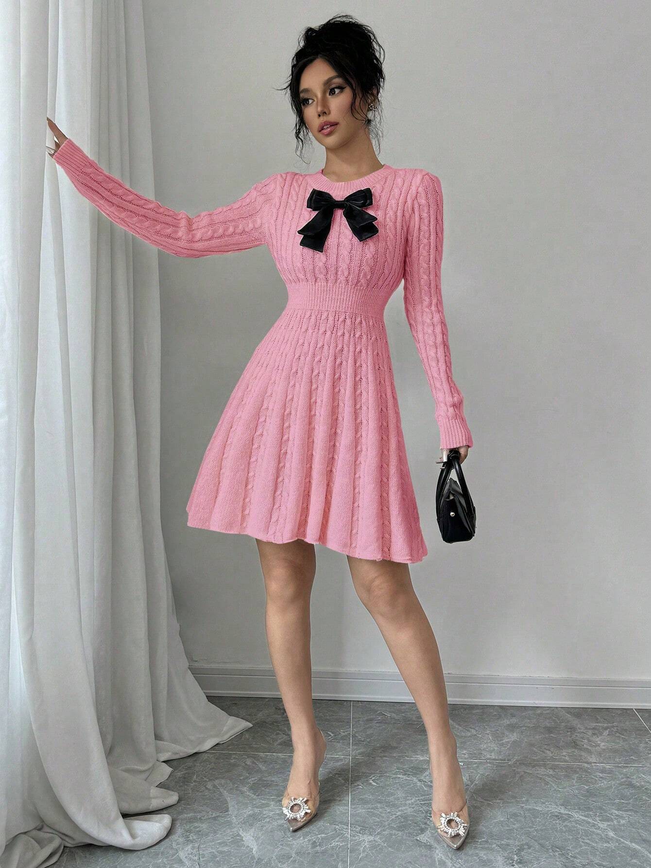 Elegant Bow-Waist Cable Knit Sweater Dress