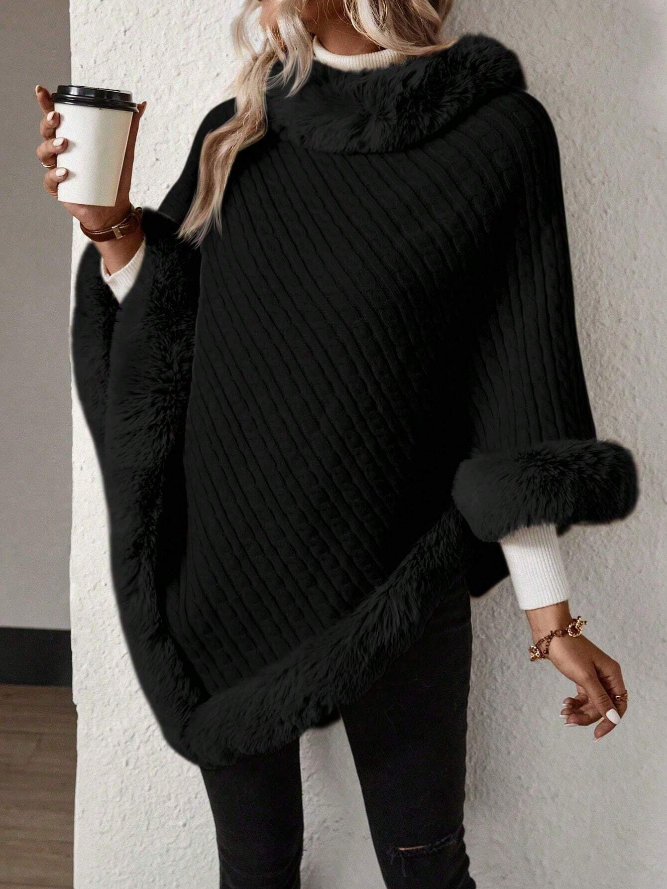 Fluffy Patchwork Poncho Sweater