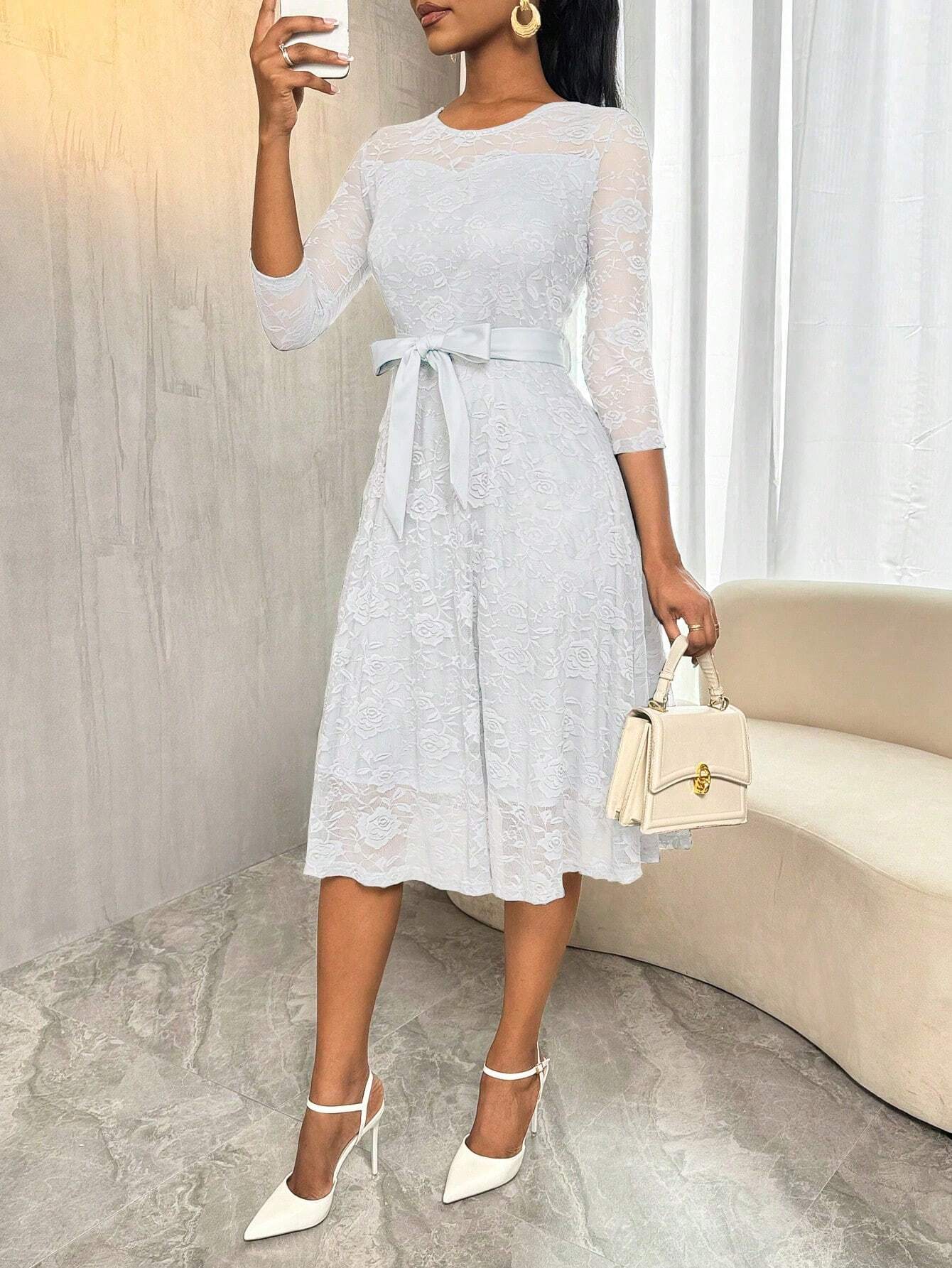 Floral Patterns, V-Neck, Long Sleeve Lace Dress