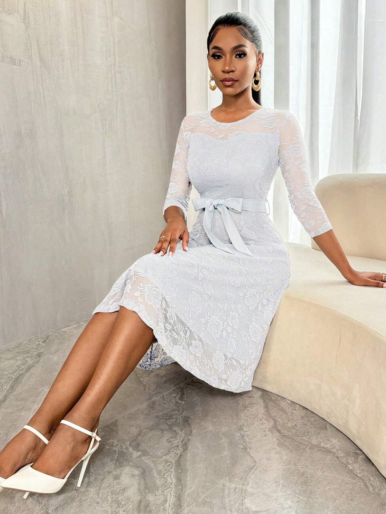 Floral Patterns, V-Neck, Long Sleeve Lace Dress