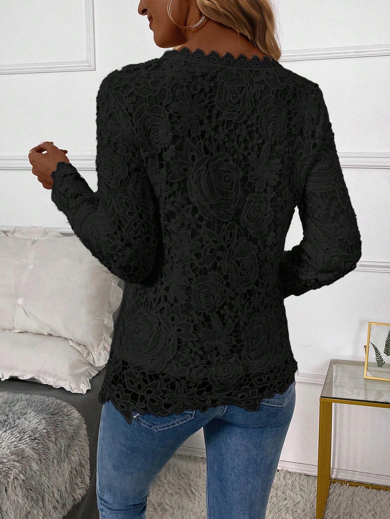 Solid Color Lace Long Sleeve Elegant Blouse