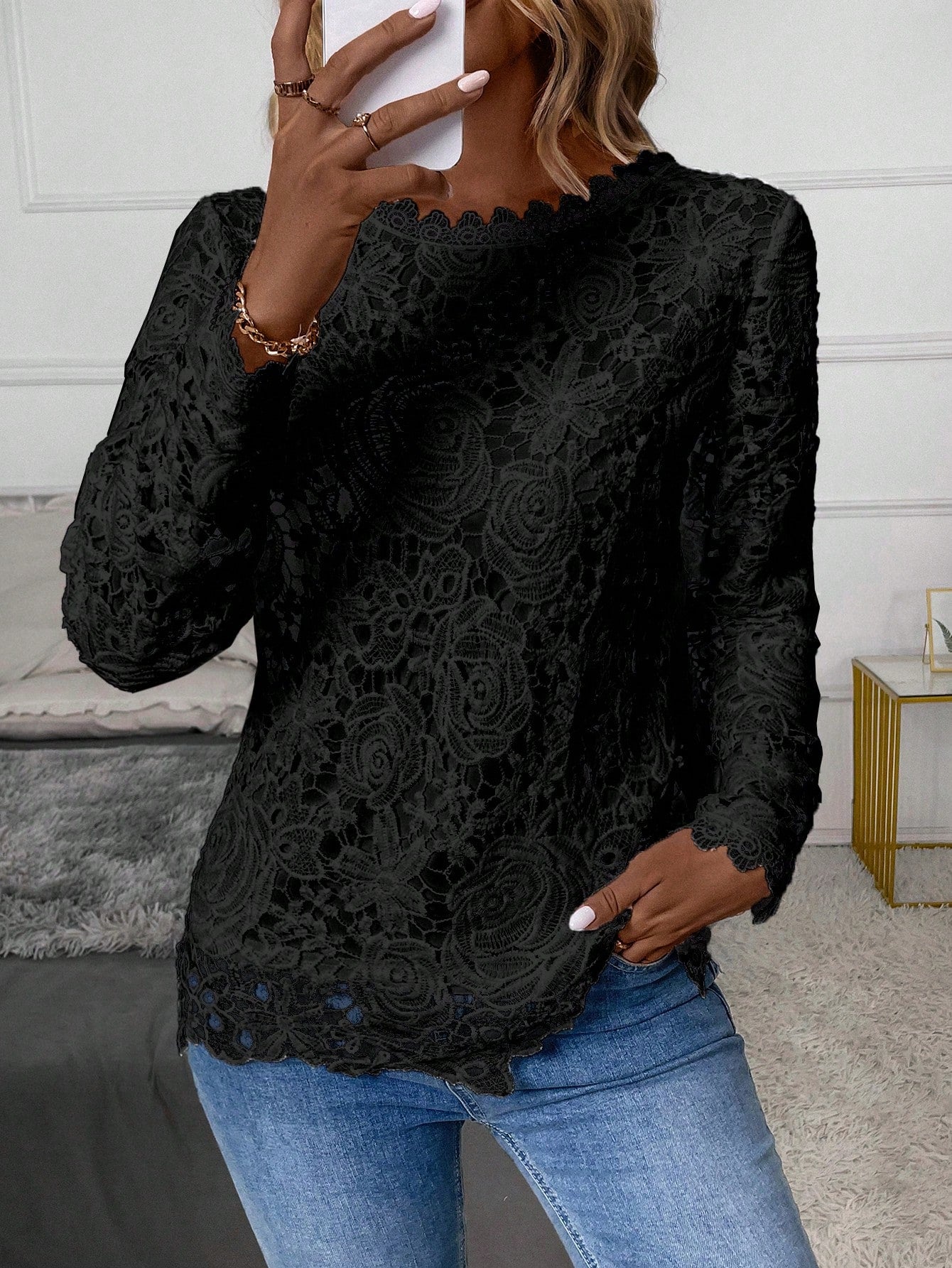 Solid Color Lace Long Sleeve Elegant Blouse