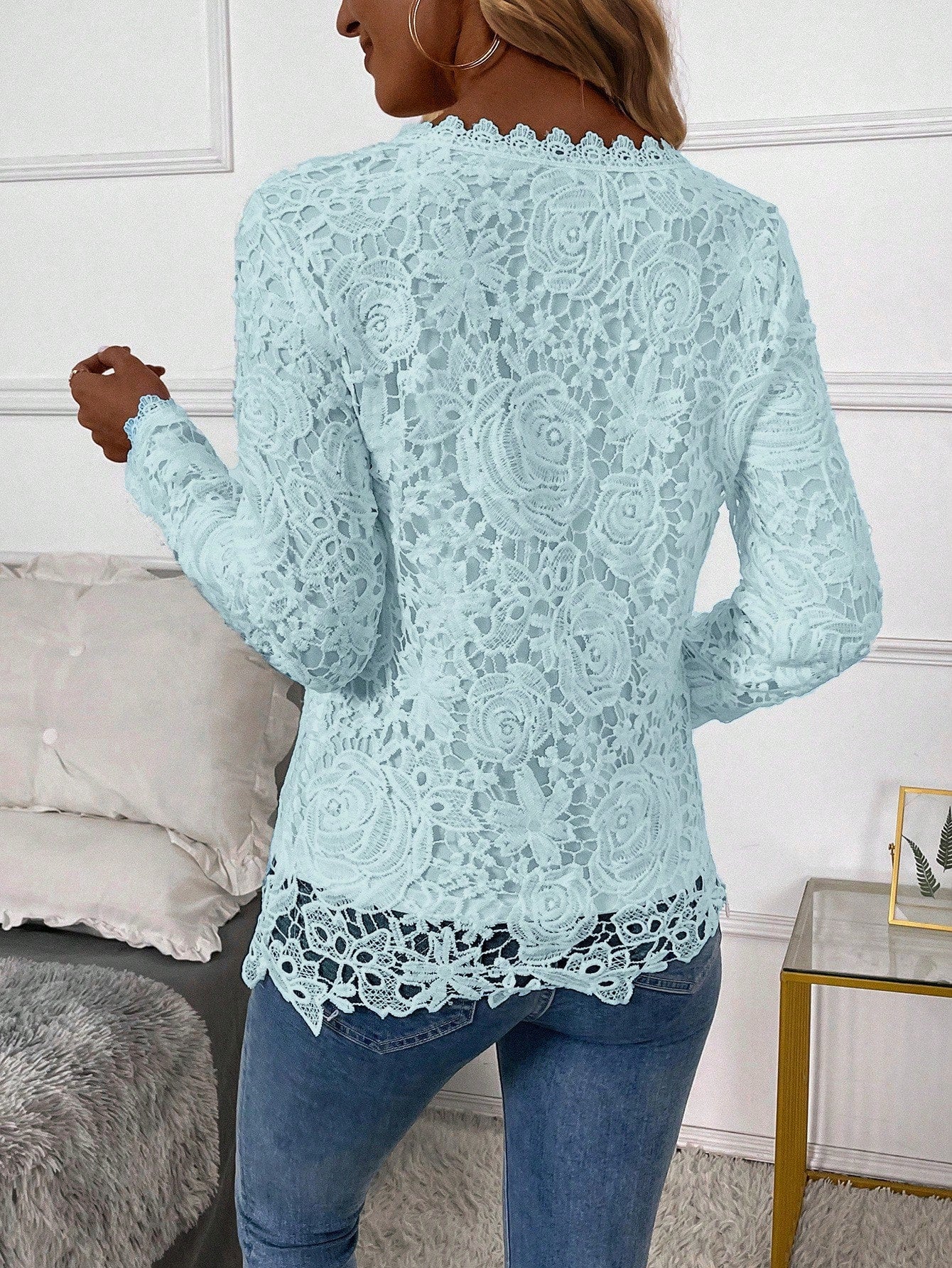 Solid Color Lace Long Sleeve Elegant Blouse