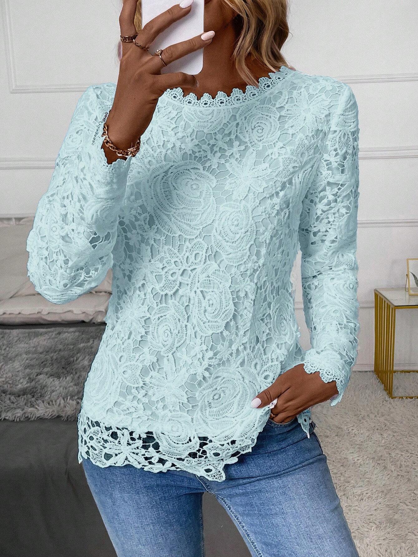 Solid Color Lace Long Sleeve Elegant Blouse