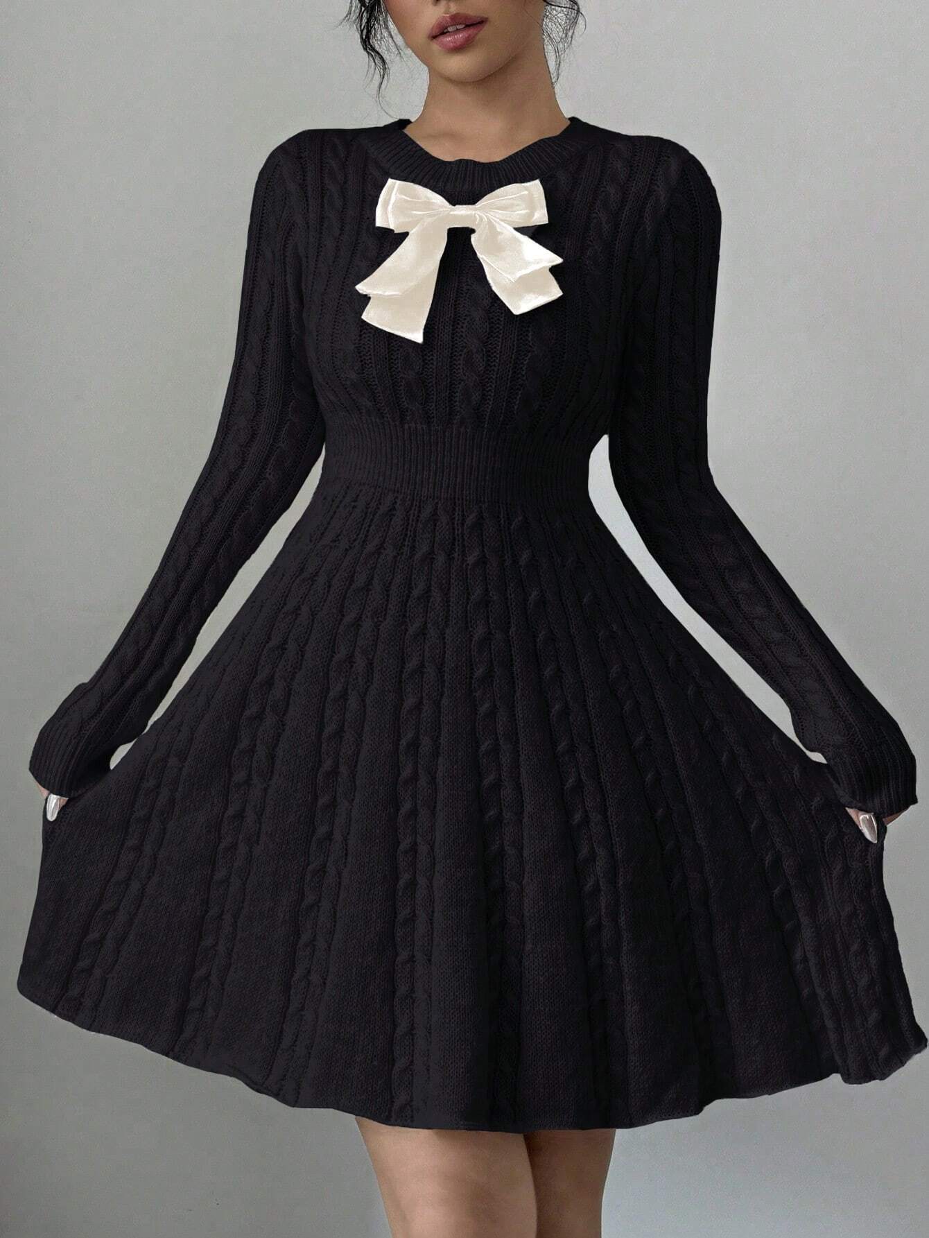 Elegant Bow-Waist Cable Knit Sweater Dress