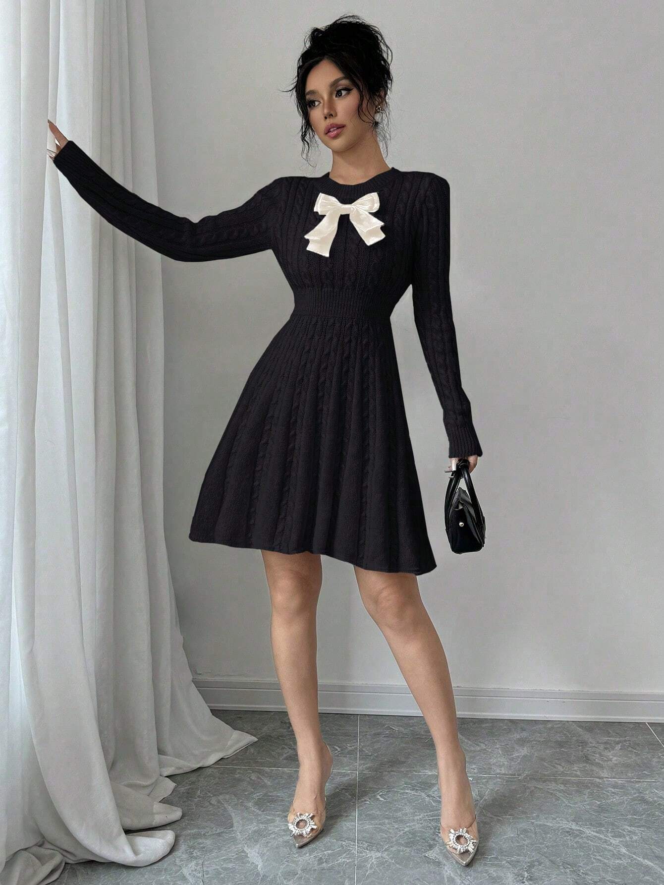 Elegant Bow-Waist Cable Knit Sweater Dress