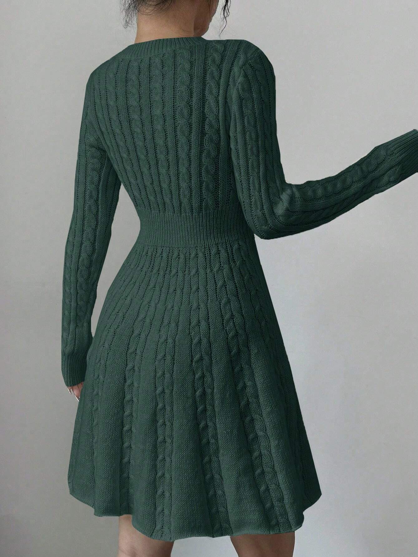 Elegant Bow-Waist Cable Knit Sweater Dress