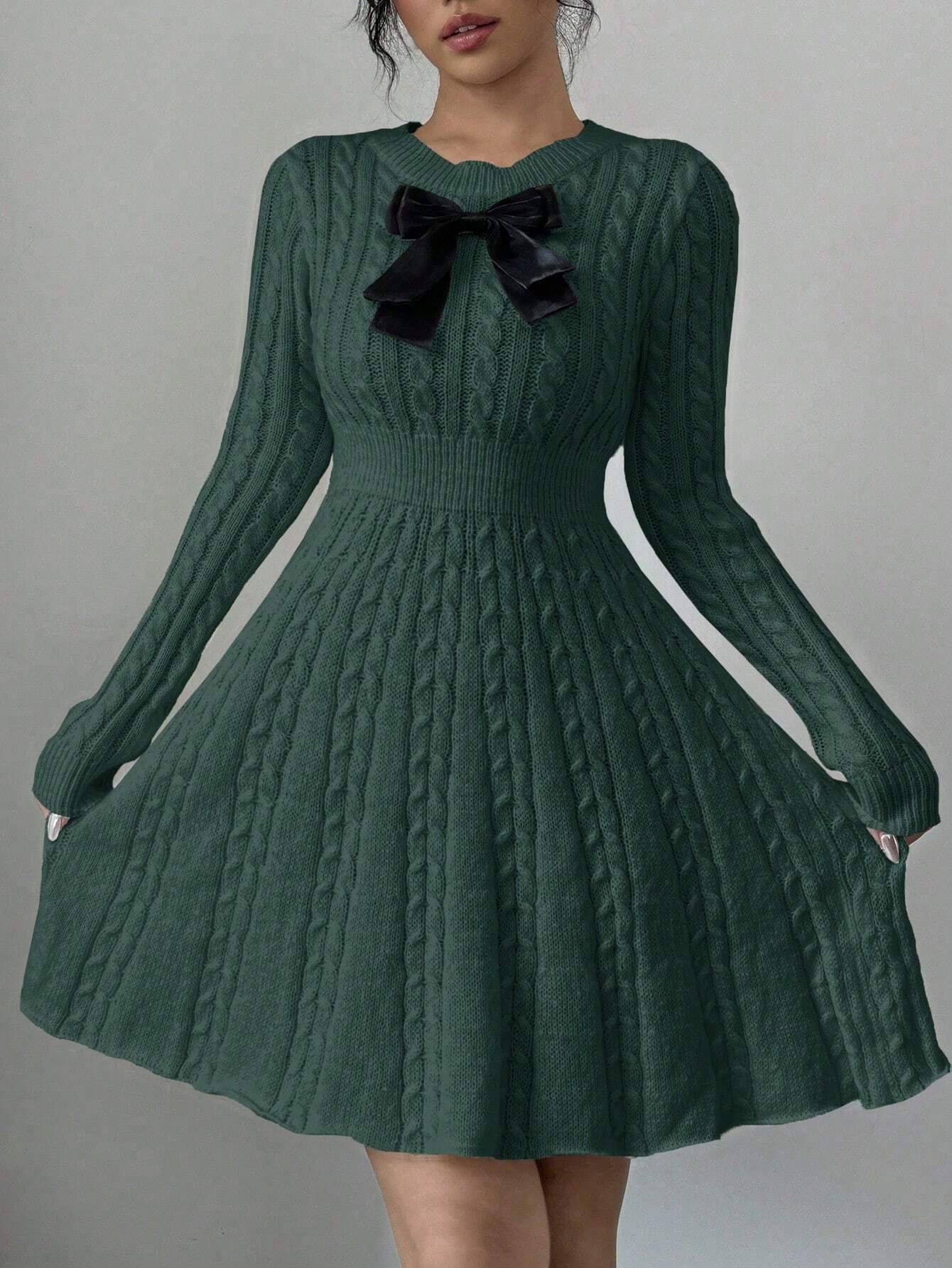 Elegant Bow-Waist Cable Knit Sweater Dress