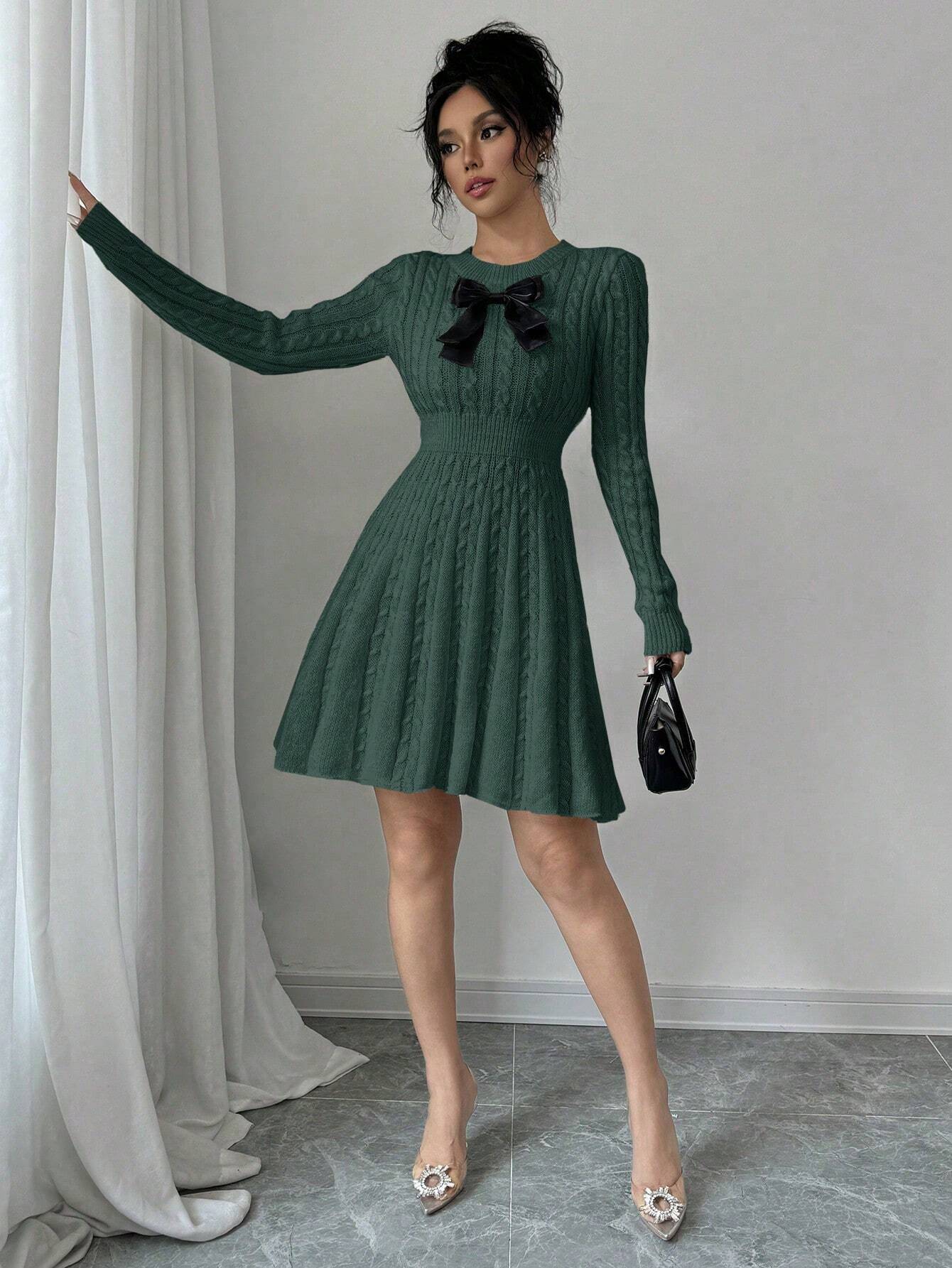 Elegant Bow-Waist Cable Knit Sweater Dress