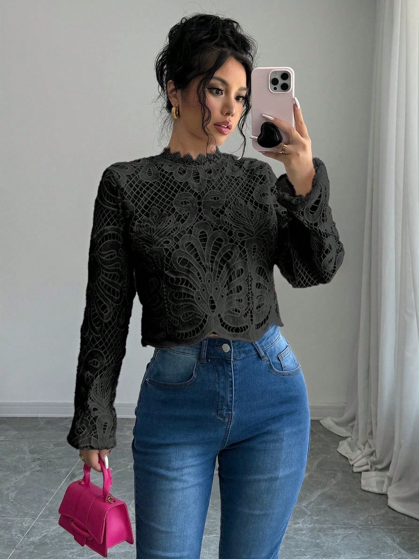 Lace Trim Long Sleeve Casual Top