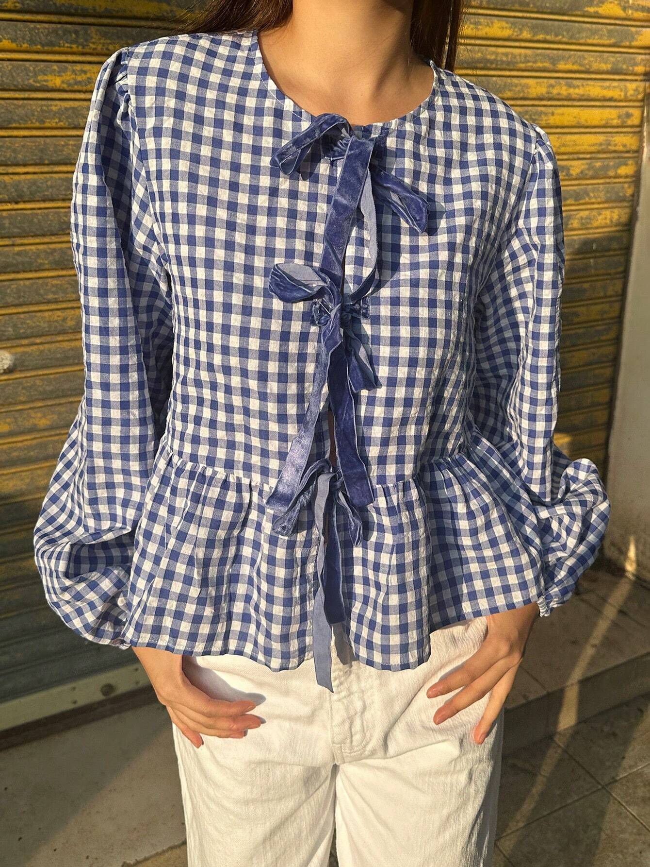 Retro Modern Plaid Velvet Blouse