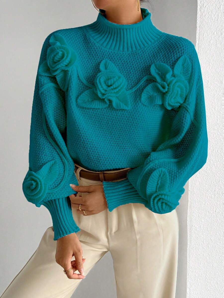 3D Flower Decor Half-Turtleneck Sweater