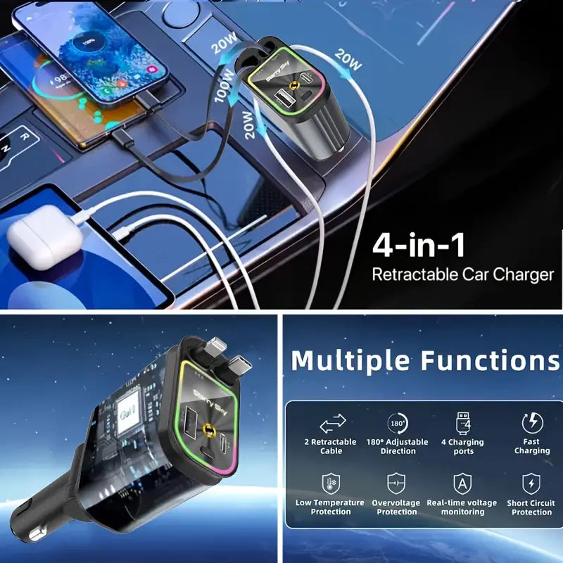 4-in-1 Einziehbares Auto-Ladegerät mit Sternenlicht