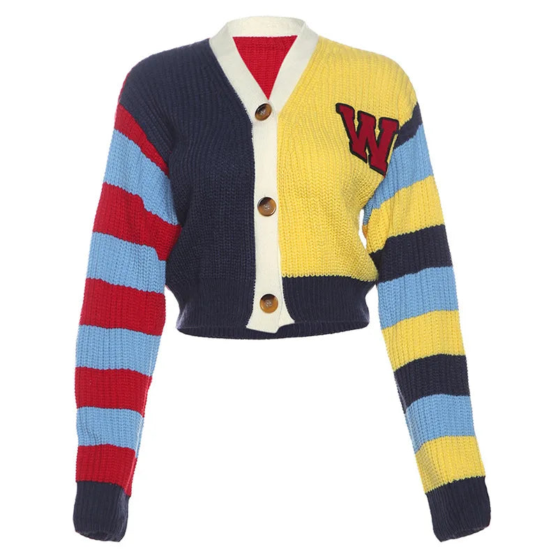 Colorful Letter Knitted Button Up Short Cardigans