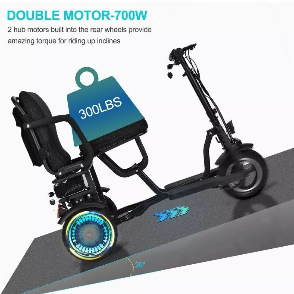 3 Wheel Power Folding Mobility Electric Trike 48v 700w Dual Motor Lithium Black